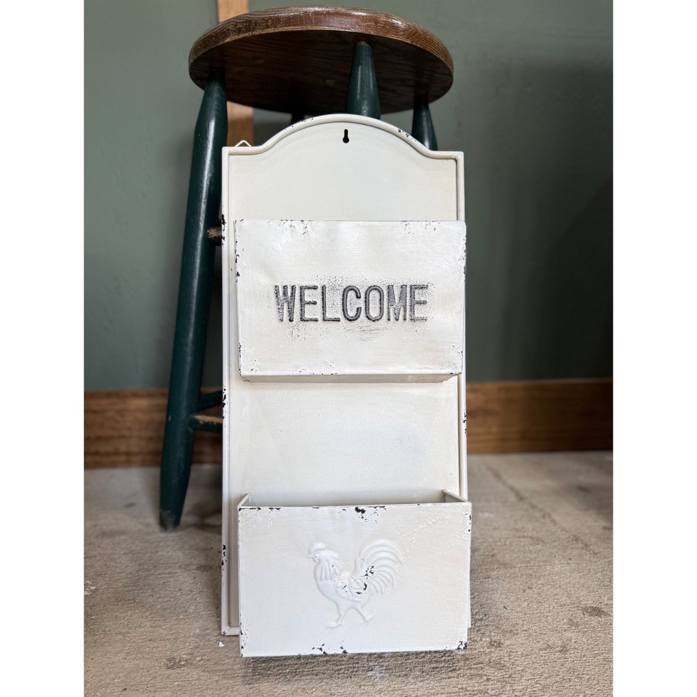 Farmhouse Wall Mail Organizer Planter‎ Welcome Rooster Metal Rustic Decor